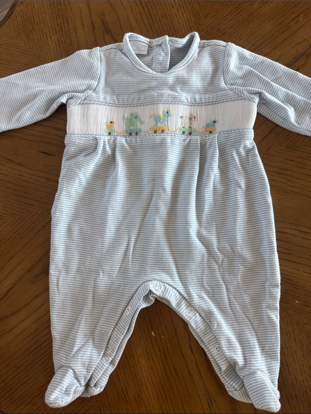 Cozy Light Blue Striped Baby One-Piece with Animal Smocking
